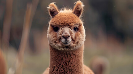 Portrait of a lone Alpaca lama smiling on a white background.
