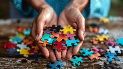 Close up of hands holding puzzle pieces. Hands putting together a puzzle. Strategy, connection, diverse, concept.