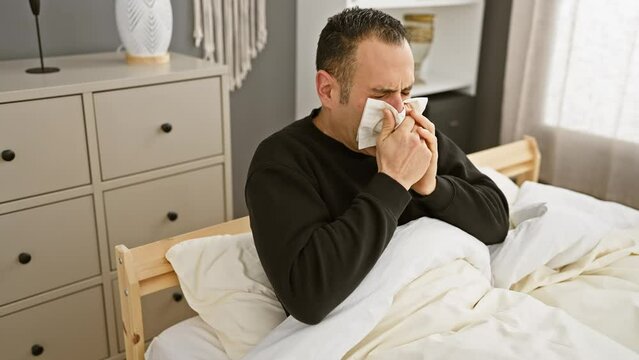 Sick hispanic man blowing nose with tissue in bed, depicting illness symptoms indoors.