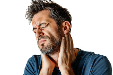 Fototapeta premium Man with painful expression rubs his neck on isolated transparent background