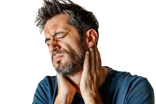 Man with painful expression rubs his neck on isolated transparent background