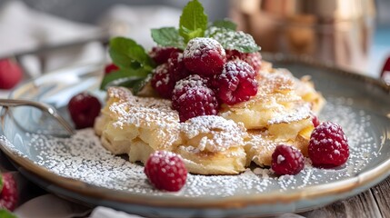 Shredded Kaiserschmarrn Pancake with Fresh Raspberries and Powdered Sugar