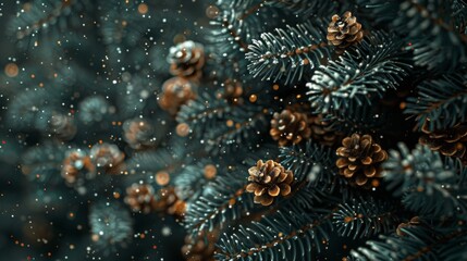Festive Pine Cones Amidst Snowy Fir Branches Background