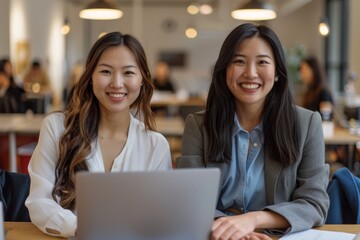Two beautiful Japanese and Chinese women, smiling  in front of their laptops. They both looking happy and focused on good vibe working period In modern bright corporate Office background.