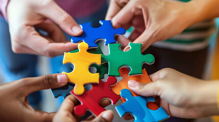 Several hands holding puzzle pieces. Diverse team are try to solving jigsaw puzzle together. Teamwork, strategy, success concept.
