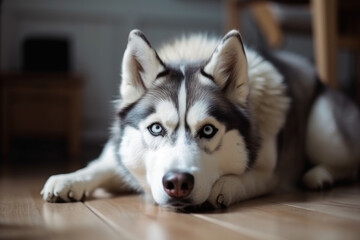 A husky dog with striking eyes is laying on the floor and attentively looking directly at the camera