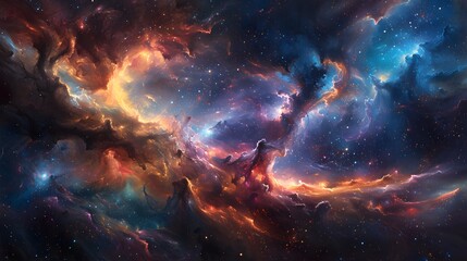 An abstract tapestry woven with celestial elements, nebulae, supernovas, and cosmic in a mesmerizing blend of light and dark