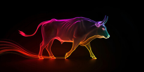 Abstract neon light outline of a bull in motion on black background.
