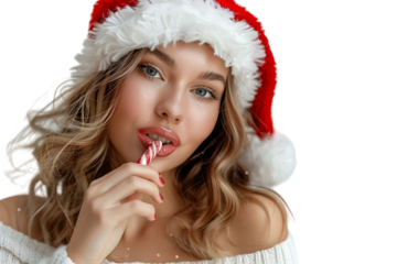 Portrait of cute woman biting christmas candy wearing santa hat. on isolated transparent background