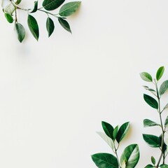 Minimalistic white background with green leaves copy space concept