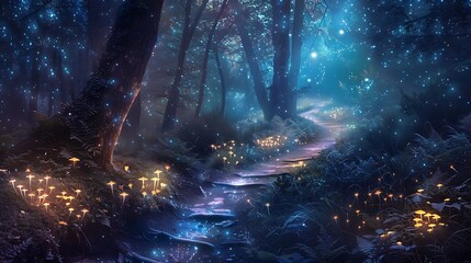 Beneath a canopy of stars, a winding path leads through a forest illuminated by the soft glow of bioluminescent fungi. Each step fills the air with a faint,