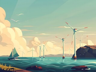 Illustrator's Vision of Offshore Wind Turbines Harnessing Eolian Energy on the Horizon