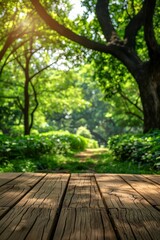 The wooden table is set against a backdrop of a lush green park, perfect for showcasing your items or creating a montage.