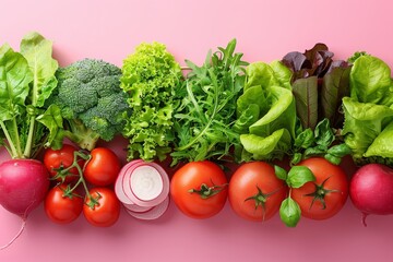 An array of vibrant, freshly picked vegetables lined up showcasing natural textures and colors for healthy living