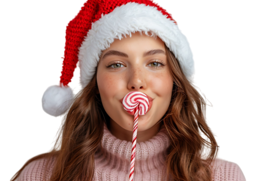 Portrait of cute woman biting christmas candy wearing santa hat. on isolated transparent background - Powered by Adobe