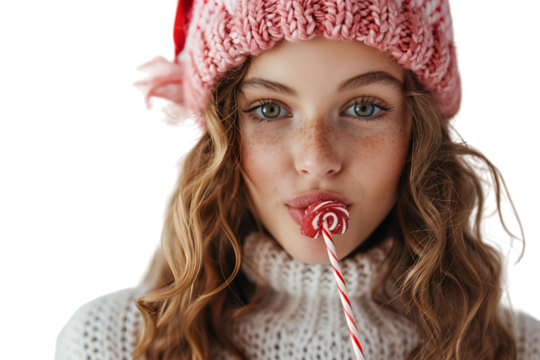 Portrait of cute woman biting christmas candy wearing santa hat. on isolated transparent background