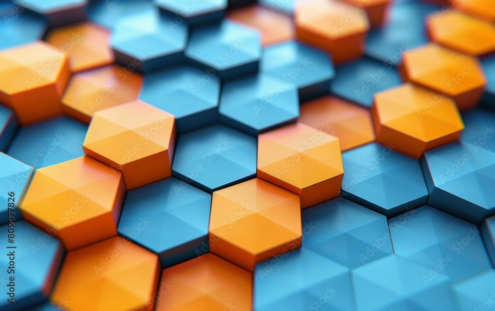 Poster of a geometric pattern with blue and orange hexagons on the background
