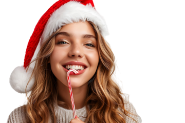 Portrait of cute woman biting christmas candy wearing santa hat. on isolated transparent background