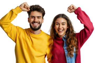 Portrait cheerful couple holding fists on isolated transparent background