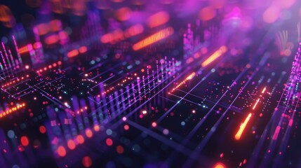 Fototapeta premium Digital wallpaper with charts and graphs on multiple computer screens, glowing, purple light