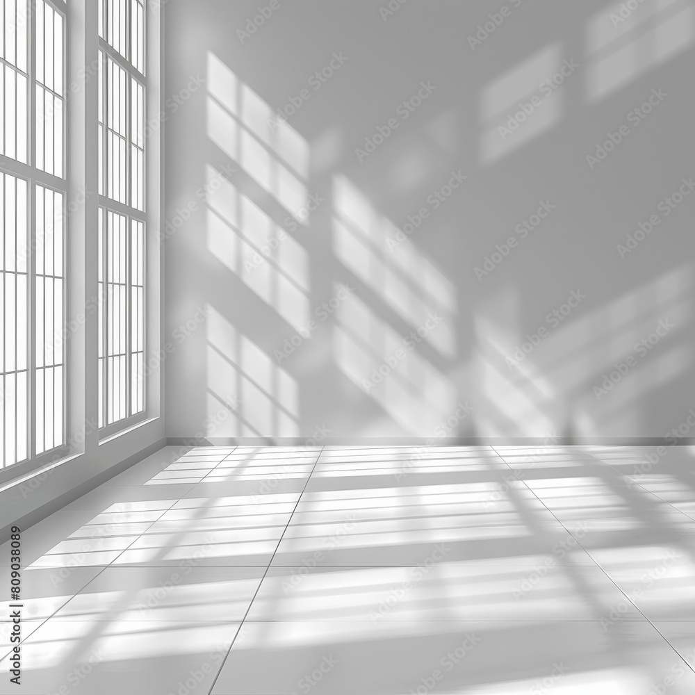 Poster sparse white setting for showcasing products, featuring a clean backdrop with soft window shadows. p