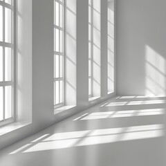 Fototapeta premium Clean white graphy studio background perfect for showcasing products. Minimalistic setting with soft window shadows. Present your items against a blurred backdrop for a professional look.