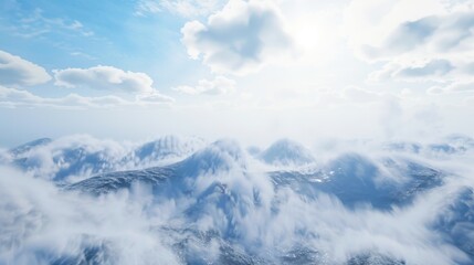 a wide shot of the top view of mountains covered in snow, clouds and blue sky