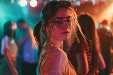 girl with glasses dancing at a party