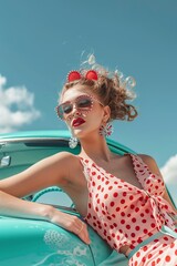 a beautiful stylish woman in vintage bright dotted clothes, sitting in old car