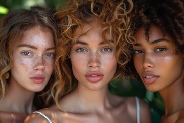 Fototapeta premium An outdoor portrait of three women representing diverse and natural beauty in a tropical setting