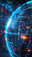 Obraz premium Futuristic 3D Globe with Pulsating Data Processing Nodes Depicting Energy and Light Connections
