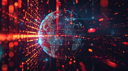 Futuristic 3D Globe with Symmetrical Data Processing Nodes in a Seamless Digital Landscape