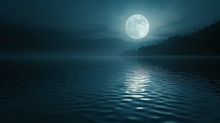 Full moon over a tranquil lake with mountain silhouette