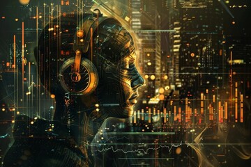 Futuristic Digital Abstract Landscape with Steampunk Audio Visualization and Rhythm