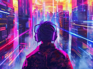 Futuristic Neon City Soundscape Enveloping a Person in Vibrant Pop Art Splendor