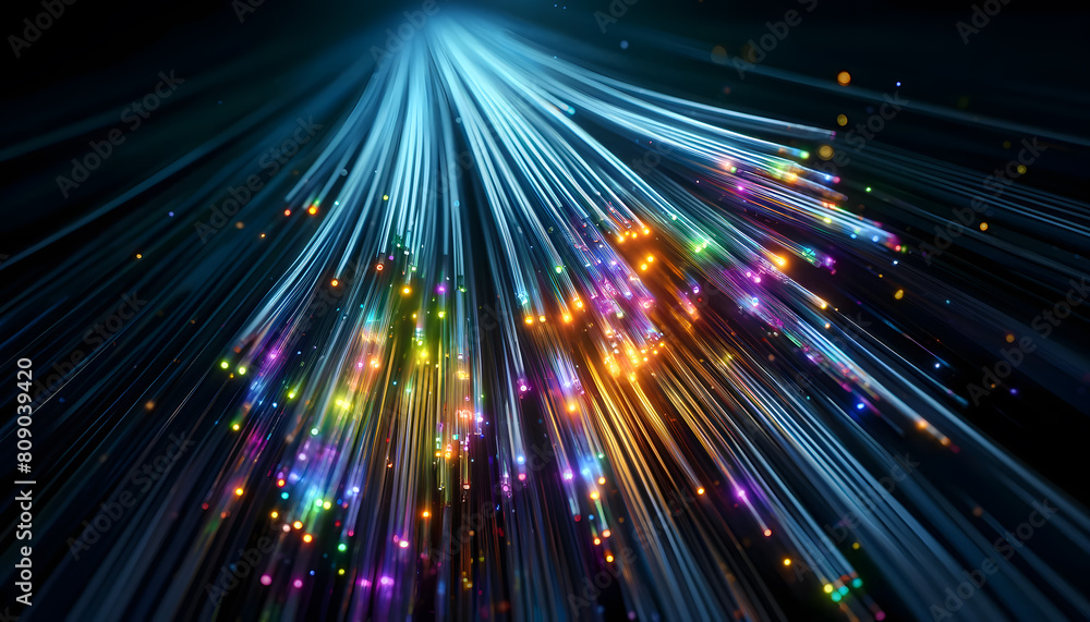 Poster showcasing advanced fiber optic cables with dynamic glowing light patterns, depicted in a detailed a