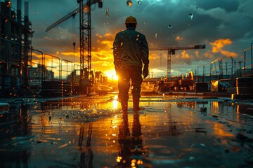Fototapeta premium A lone worker in high visibility jacket walks through a rainy construction site at twilight