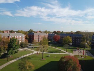 Obraz premium Drone coverage of campus and dorms.