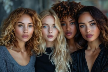 Fototapeta premium Group of four diverse beautiful women with different skin tones posing together showcasing unity in diversity
