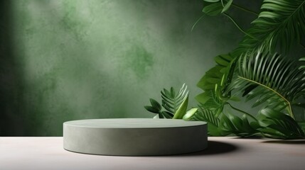 natural stone and concrete podium in natural green background 