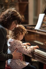 Naklejka premium Woman and girl playing the piano