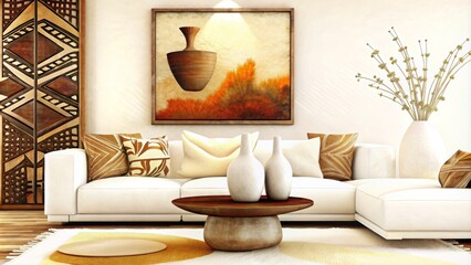 Modern interior design of a living room with a wooden coffee table and white sofa in front of a wall painting in the style of ethnic style decoration
