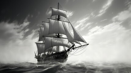 Merchant ship with sailors hoisting monochromatic sails