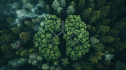Trees forming the lungs. Top down view of rainforest in shape of lungs. Forest as a source of oxygen to filter air pollution concept.