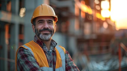 Photograph of Civil Engineer Hispanic smiling with Constuction backgrounds, use for banner cover. Success in target of project goal Handsome Middle Eastern worker. wide angle lens ambient light orange - Powered by Adobe