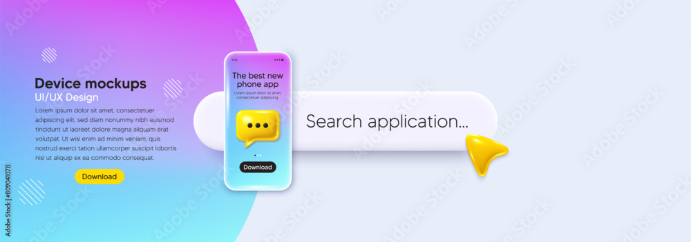 Poster mobile phone ui banner. search bar app interface template. phone mockup with 3d chat speech bubble b