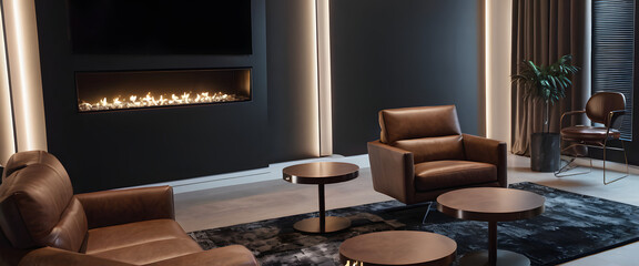 Home interior, luxury modern dark living room interior, poster frame mock up, leather chairs and white side table mock up