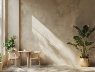 Serene Minimalist Caf Interior with Calming Natural Elements and Inviting Atmosphere