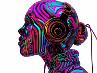 Vibrant Music-Inspired Art Nouveau Digital Headphone Portrait