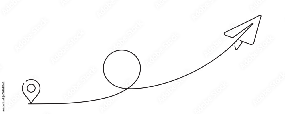 Poster paper plane travel route. abstract continuous line journey path, plane location, travel destination.